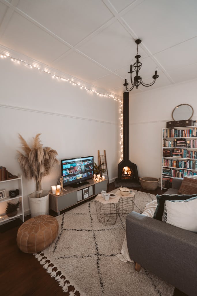 Warm and inviting living room setup with modern decor and fireplace.